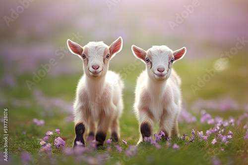 two young goats standing amidst a field of vibrant purple flowers. Generative AI