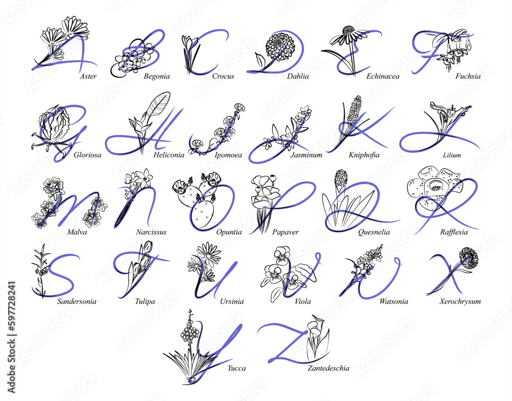 ABC with flowers. Alphabet A-Z. Images of plants. Minimalism. Beautiful letters. Line drawing. logo design initial A-Z combine with flowers. ABC with flowers. Alphabet A-Z. Images of plants. Minimalism. Beautiful letters. Line drawing. logo design initial A-Z combine with flowers.