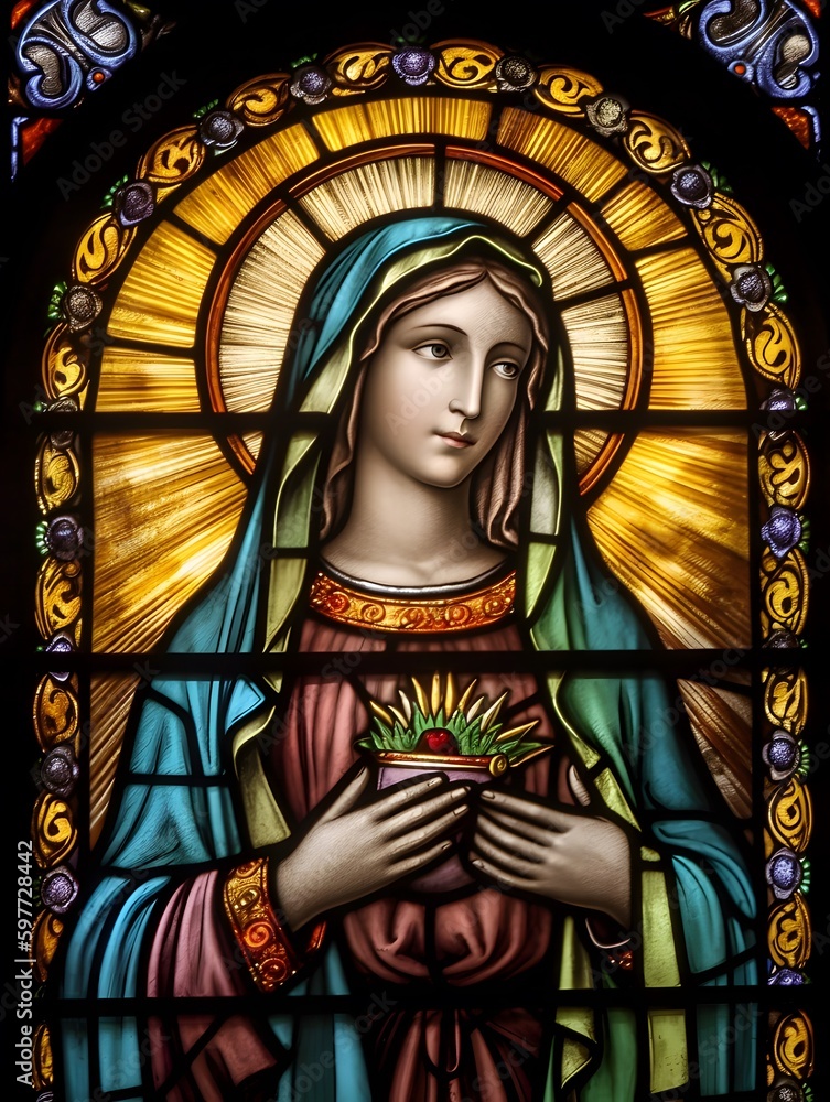 St. Mary the Virgin, the Mother of Jesus. Generative Ai. Stained Glass - obrazy, fototapety, plakaty 