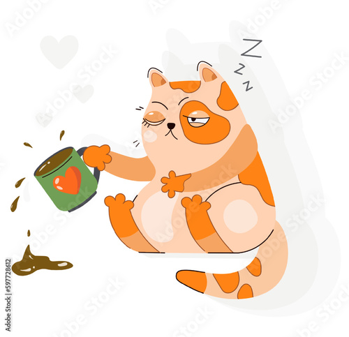 Vector illustration of a falling asleep cat holding a cup of coffee. Flat cartoon character. Sleepy disgruntled cat wants coffee to wake up. Coffee spills. Good morning. Postcard, clothes design.