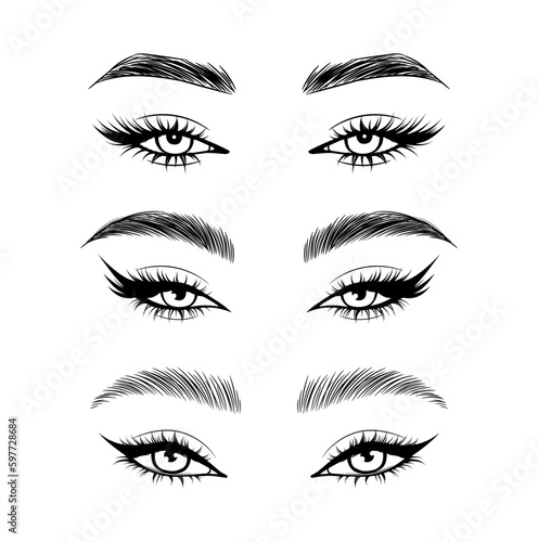 Vector set beautiful female eyes with long black eyelashes and brows close up.