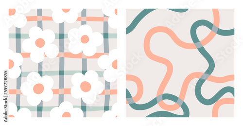1970 Daisy seamless pattern pack with trippy grid and squiggle. Naive groovy Background. Doodle boho pattern of natural tones. Contemporary trendy backgrounds for kids. Scandinavian nursery print