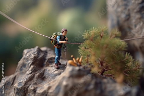 Miniature people figurine of young woman hiker with backpack using a fixed rope to climb a mountain, created with Generative AI