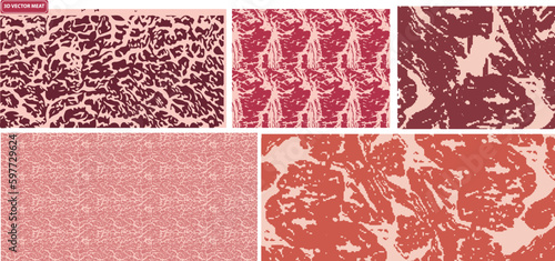 Vector  set of meat background various colors and types or pattern collection. Beef, pork and lamb meat textures Vector illustration