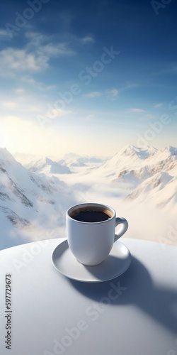 Cup of Coffee Above Mountains in Snow. Generative ai
