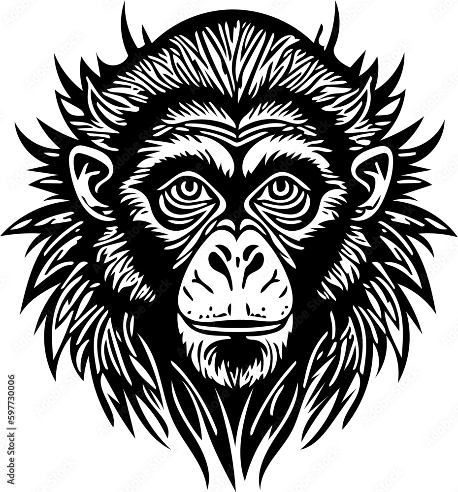 Vector illustration of a monkey face in black and white, chimpanzee drawing 