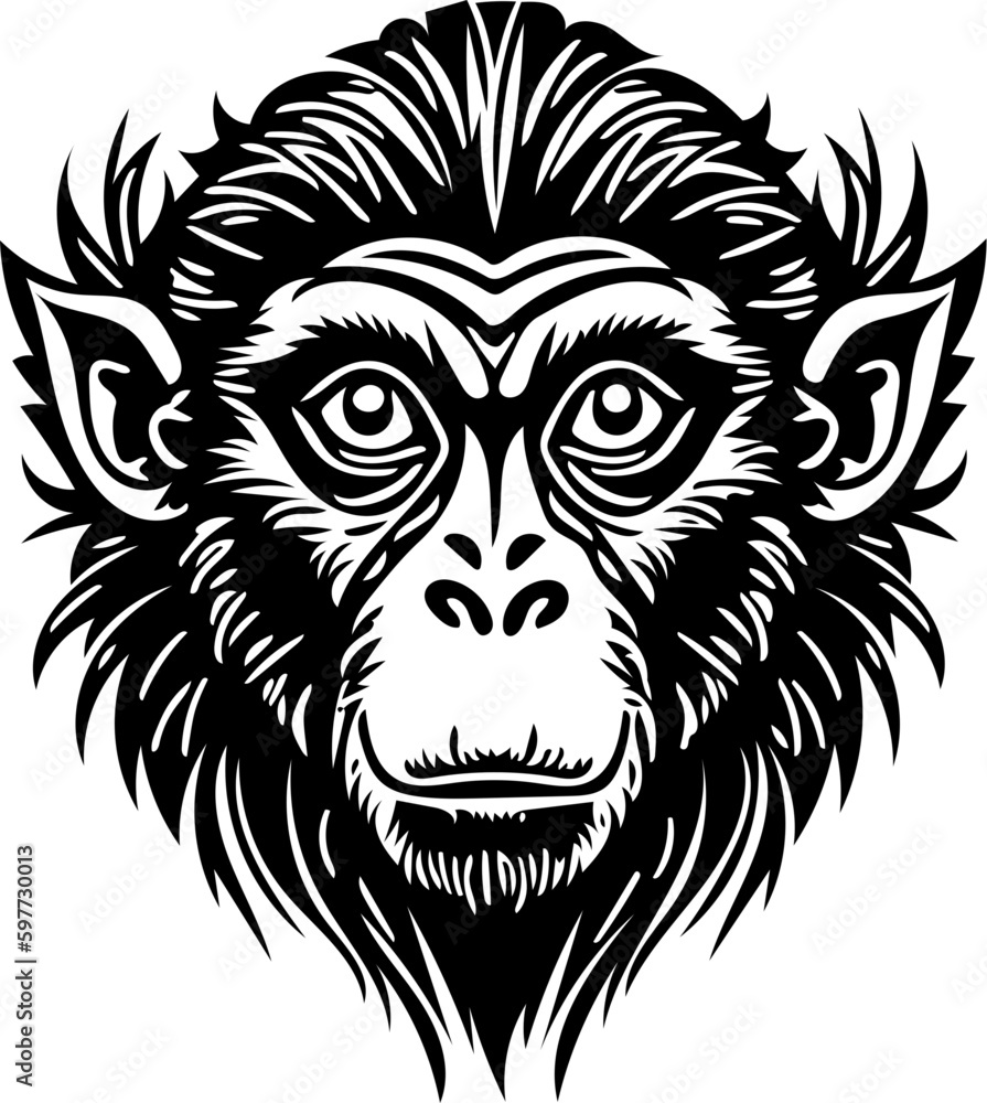 Vector illustration of a monkey face in black and white, chimpanzee drawing 