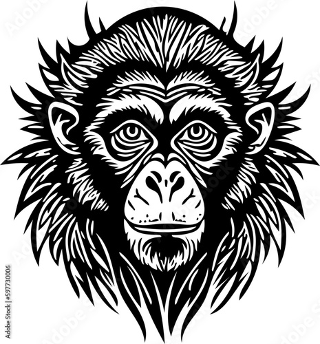 Vector illustration of a monkey face in black and white  chimpanzee drawing 
