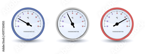 Red, gray, and blue round, analog centigrade thermometers on white background with shadow, shows different low, neutral, and high temperature, cold and hot weather photo