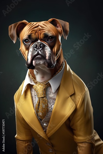 Un chien renard super luxe boxeur v  tu d un magnifique costume dor   sur mesure.