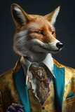 Un renard riche et super luxueux vêtu d'un magnifique costume doré sur mesure.