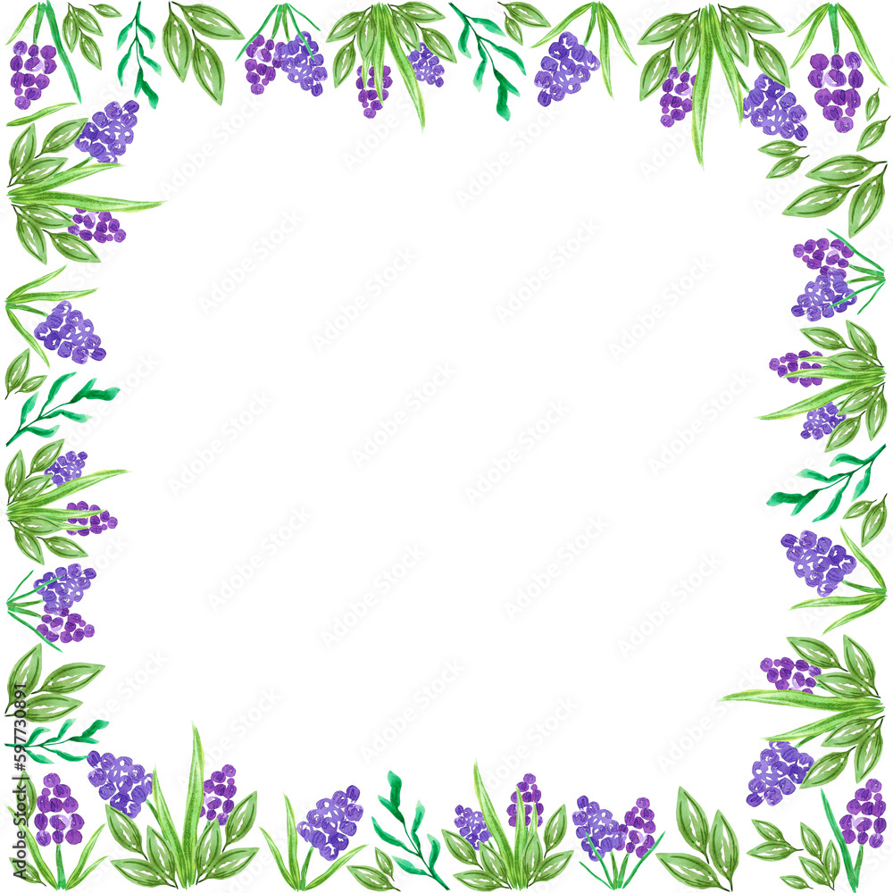 Abstract flowers boarder frame. Hand drawn watercolor hyacinth isolated on white background. Can be used for cards, label, banner.