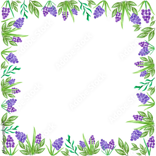 Abstract flowers boarder frame. Hand drawn watercolor hyacinth isolated on white background. Can be used for cards, label, banner.