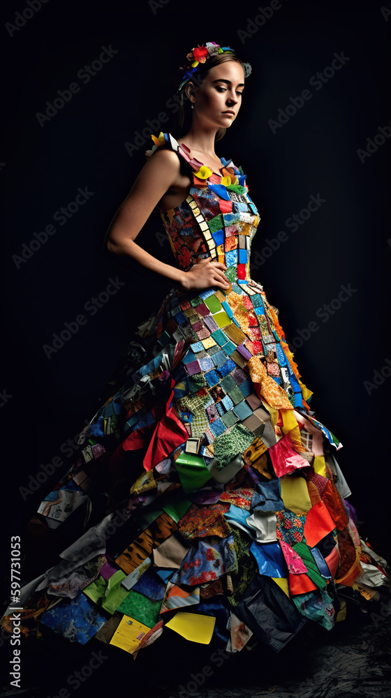 A woman in multicolored recycled plastic dress outfit, AI recycled costume idea