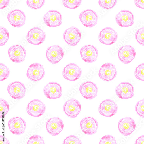 Hand drawn watercolor Pink abstract ranunculus seamless pattern on white background. Can be used for Gift-wrapping, textile, fabric, wallpaper.
