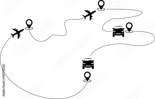 Vektor: Flugzeug und Fahrzeug Silhouette - Reiseroute