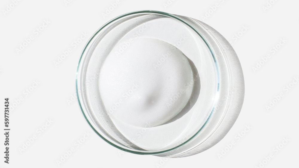 Foam, foam texture. Washing with foam. Foam in a Petri dish on a light background. Dab of cosmetic foam. Lab. - obrazy, fototapety, plakaty 