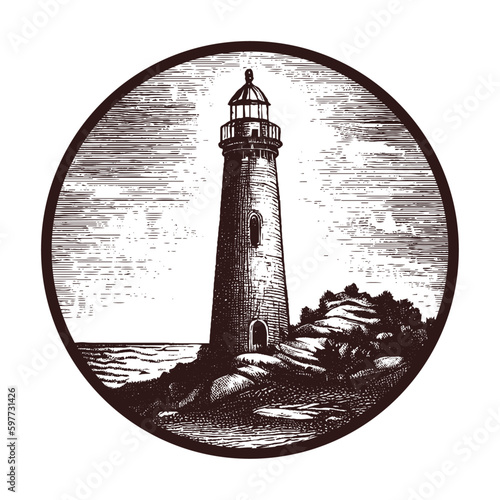 lighthouse vintage sketch in a circle, beacon illustration 