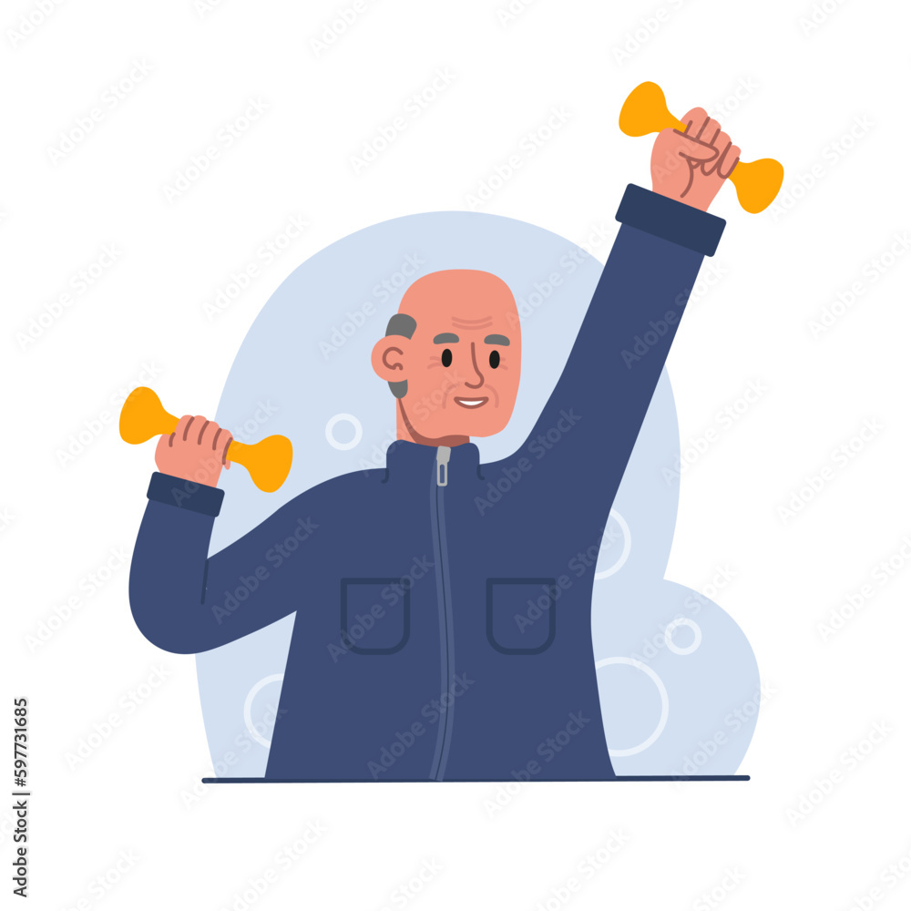 Cartoon character of senior man in sportswear lifting dumbbells