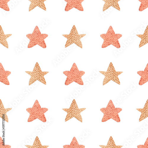 Hand drawn watercolor brown knitted stars seamless pattern. Isolated on white background. Can be used for children's textile, gift-wrapping, fabric, wallpaper.