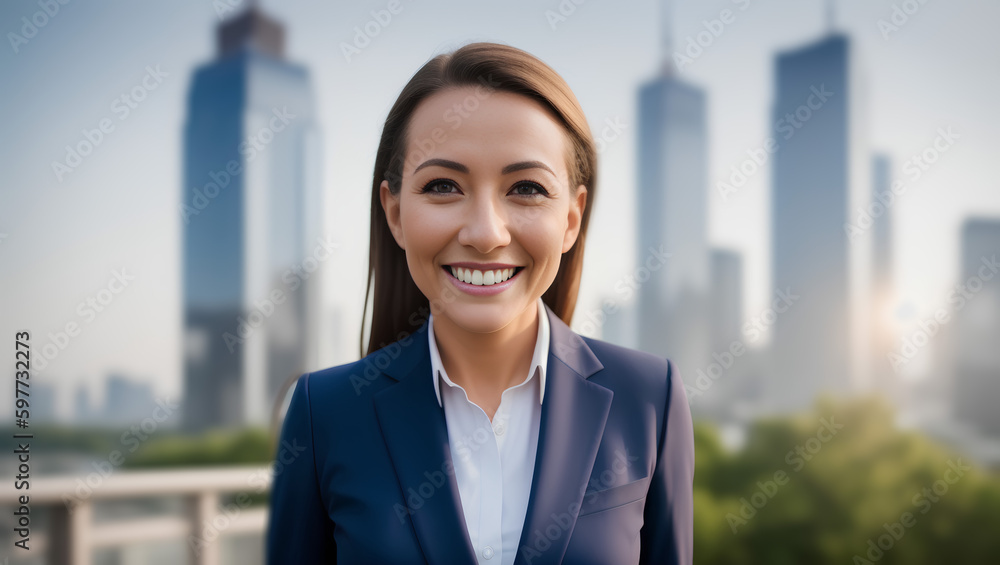 Portrait of businesswoman in suit with brown hair. Blurred city background with mockup. Generative AI. Portrait of businesswoman in suit with brown hair. Blurred city background with mockup. Generative AI.