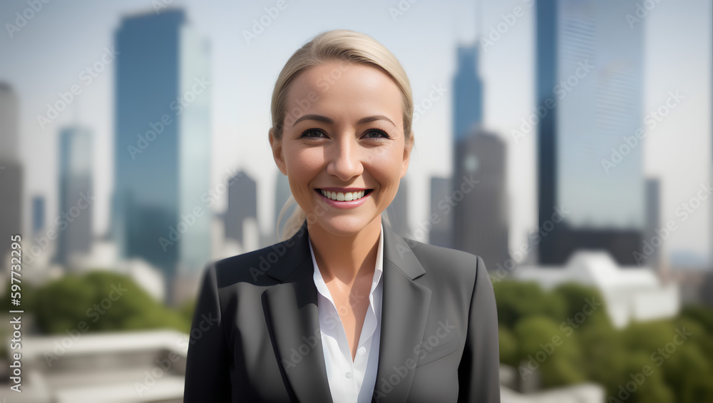 Smiling woman wearing suit with blonde hair on blurred city background with copy space. Generative AI. Smiling woman wearing suit with blonde hair on blurred city background with copy space. Generative AI.