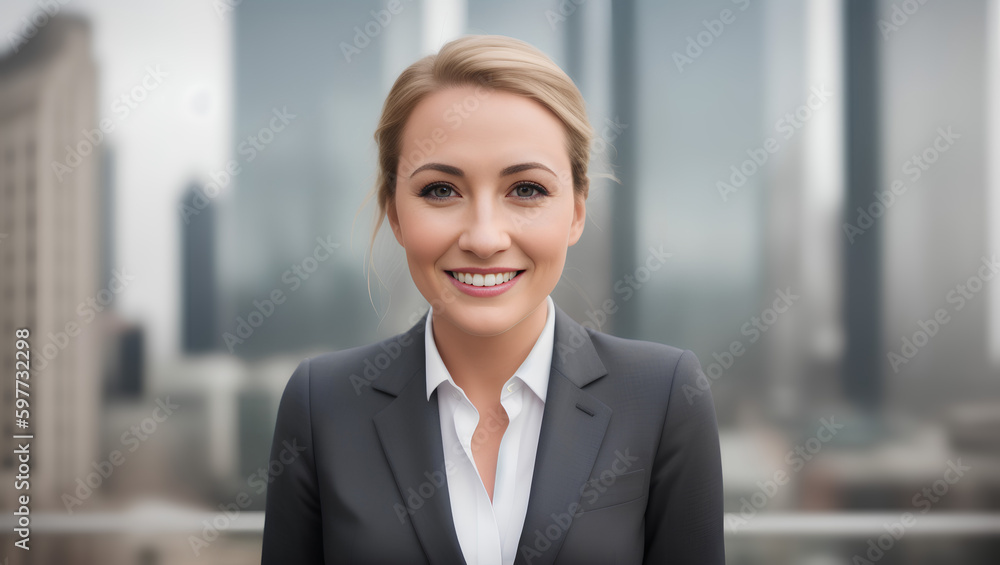 Joyful female with blond hair looking at camera. Blurred city background with copy space. Generative AI. Joyful female with blond hair looking at camera. Blurred city background with copy space. Generative AI.