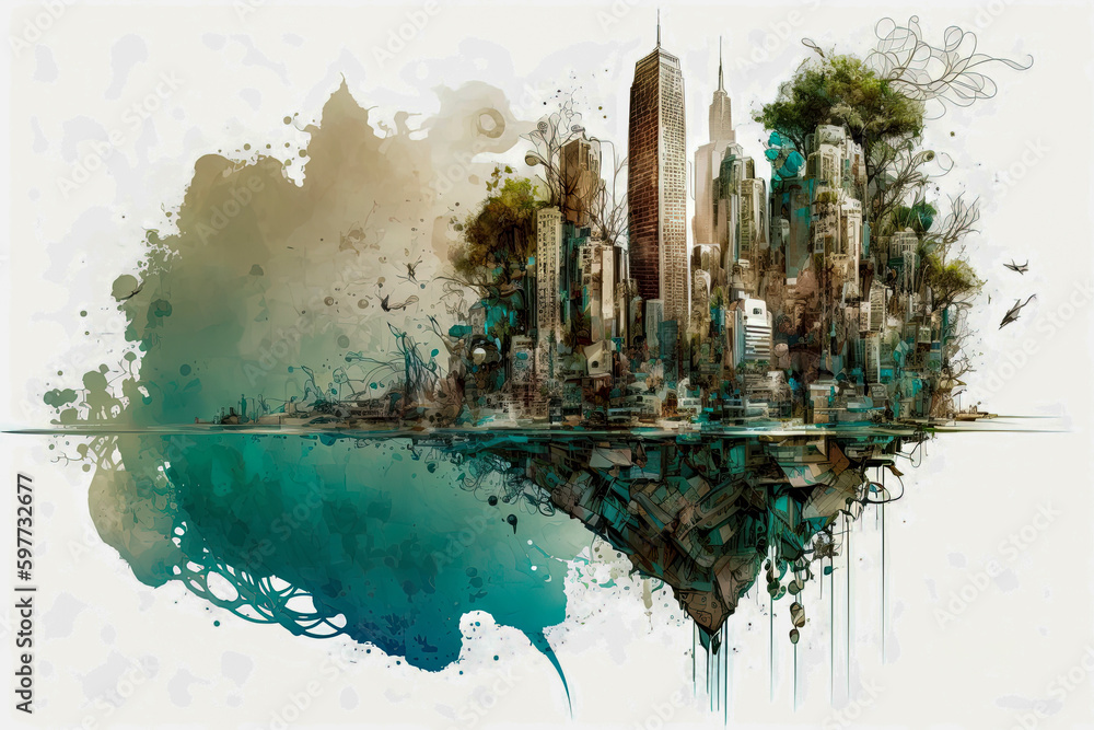 Obraz premium Stunning Generative AI illustration of intricately detailed sci-fi hand drawn style design of futuristic high rise city skyline combined with human and animal natural world