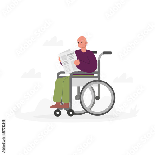 Cartoon character of elderly man in wheelchair reading newspaper
