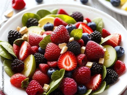 Salad for raw vegan with strawberries and blackberries. Generative AI