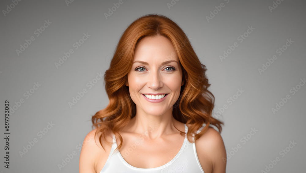Redhead woman smiling at camera on isolated background with copy space. Generative AI. Redhead woman smiling at camera on isolated background with copy space. Generative AI.