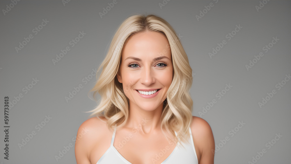 Smiling woman with wavy, blond hair looking at camera. Natural background with copy space. Generative AI. Smiling woman with wavy, blond hair looking at camera. Natural background with copy space. Generative AI.