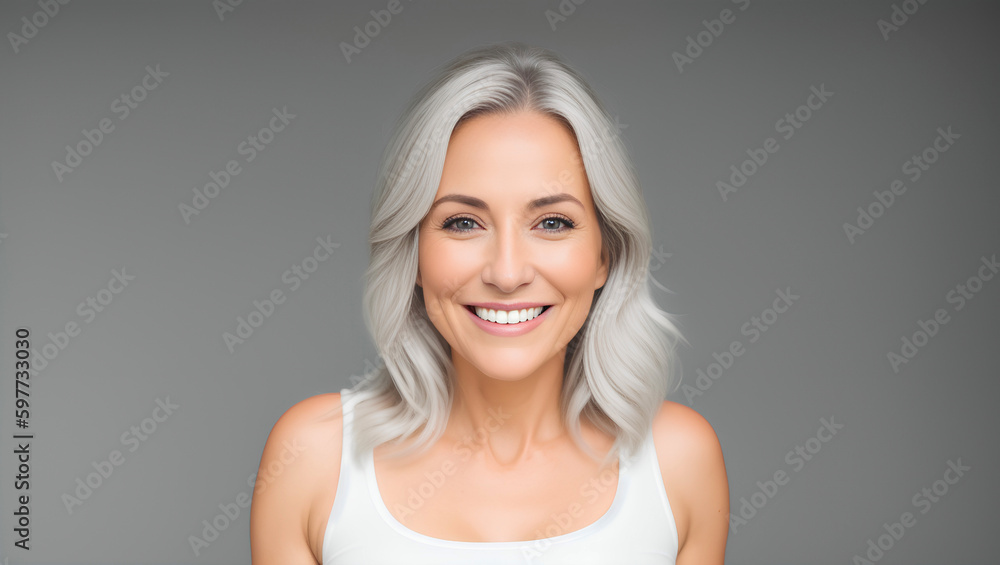 Joyful female with grey, wavy hair. Natural background with copy space. Generative AI. Joyful female with grey, wavy hair. Natural background with copy space. Generative AI.