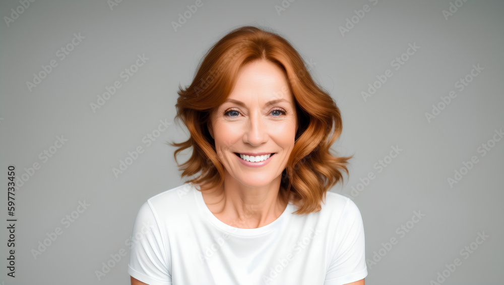 Smiling female with red hair on empty background with mockup. Generative AI. Smiling female with red hair on empty background with mockup. Generative AI.