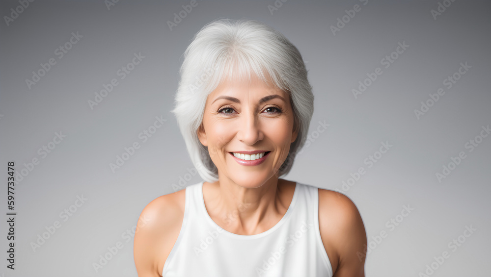 Cheerful female with short, silver hair. Natural background with copy space. Generative AI.