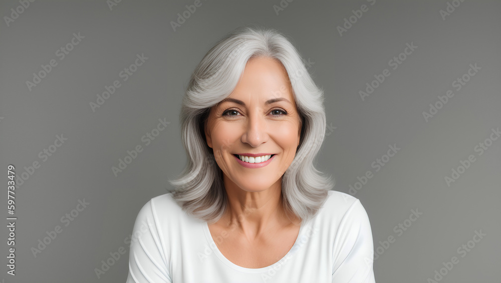 Smiling women with grey hair. Natural background with mockup. Generative AI. Smiling women with grey hair. Natural background with mockup. Generative AI.