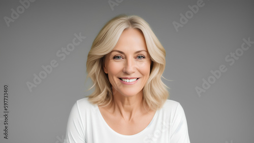 Happy female with wavy, blond hair. Isolated background with copy space. Generative AI. © Dawid
