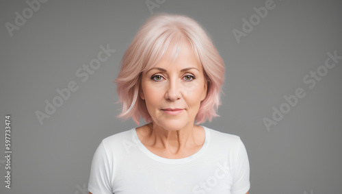 Female with short, pink hair on natural background with mockup. Generative AI.