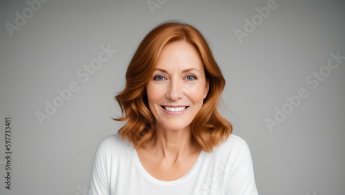 Happy woman with red  wavy hair. Natural background with copy space. Generative AI.