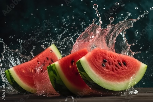 Few Fresh Watermelon Slices Close-up with water splash on black background