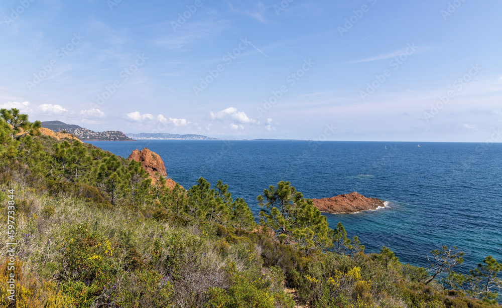 Steep coast on the Cote d'Azur, French Riviera, with a view over the Mediterranean Sea in the direction of Cannes