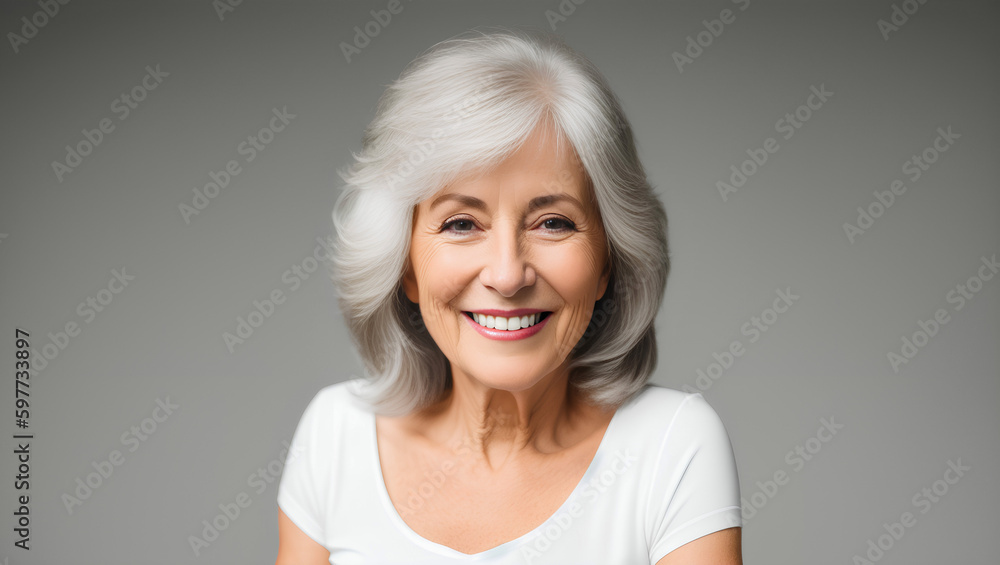 Happy female with grey hair on empty background with copy space. Generative AI. Happy female with grey hair on empty background with copy space. Generative AI.