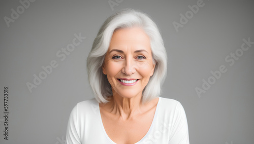 Cheerful woman with silver hair on natural background with copy space. Generative AI.
