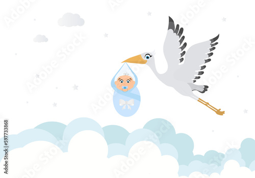 Baby shower banner invitation card with stork carrying a cute baby in a bag in blue sky background for greeting cards, children's albums, birthday party for a boy, poster, greeting card, It's a boy