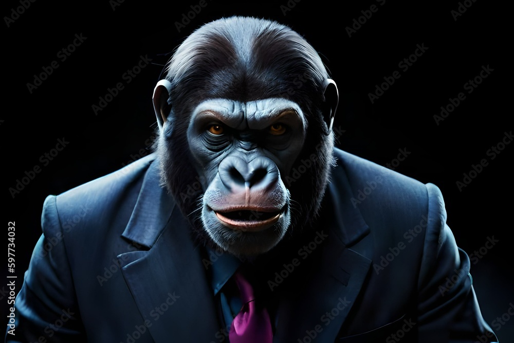 Gorilla, chimp monkey dressed in a business mans. Portrait monkey on a dark background, Generative AI Gorilla, chimp monkey dressed in a business mans. Portrait monkey on a dark background, Generative AI