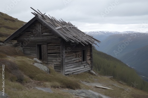an isolated log cabin on a mountainous landscape. Generative AI