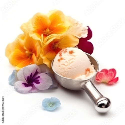 ice cream scoop and flowers on isolated white background - Generated by Generative AI