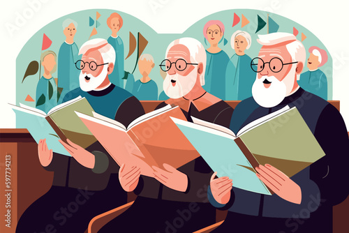 Seniors with books harmonize in the church choir. Old seniors with textbooks perform on stage. Music, lecture. Vector graphic