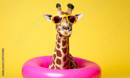 A giraffe ready for a summer vacation with sunglasses and an inflatable rubber ring. Generative ai