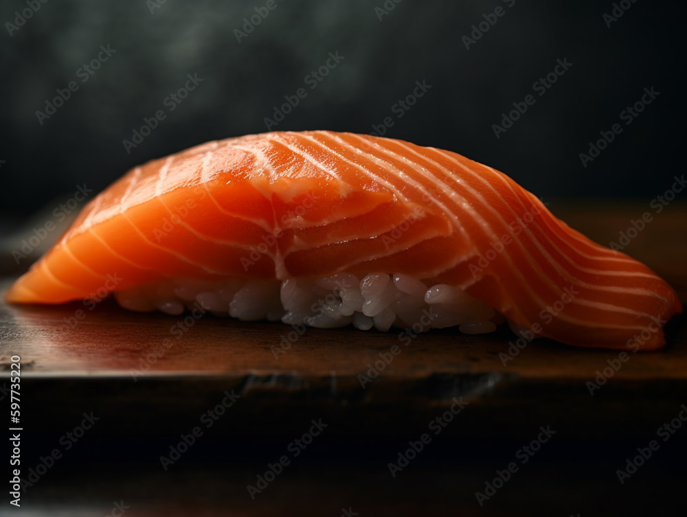 one piece of nigiri sushi with a slice of salmon - created with generative AI technology one piece of nigiri sushi with a slice of salmon - created with generative AI technology